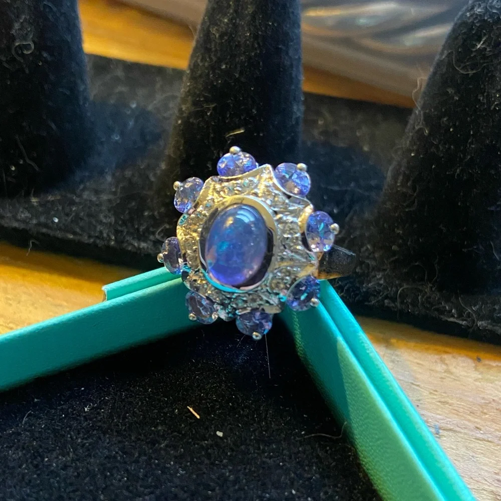 Sterling 925 Cabochon Tanzanite & Diamond Statement Cocktail Ring Size 7 - Picture 10 of 14